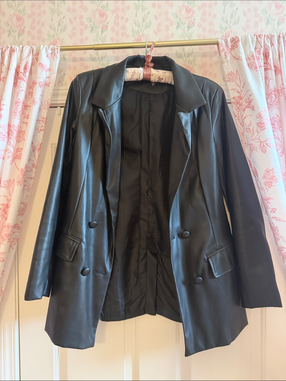 Missguided Black Faux Leather Double-Breasted Blazer Jacket - Women